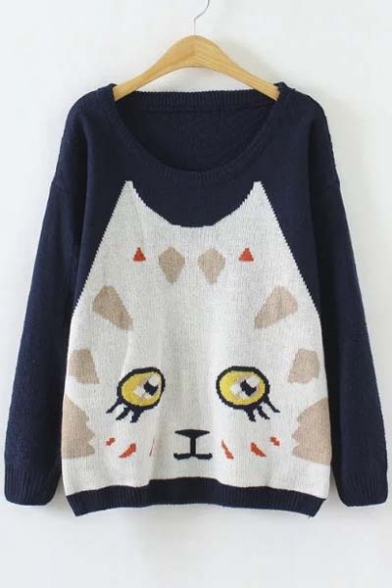 Cute Cat Face Pattern Long Sleeve Sweater with Round Neck