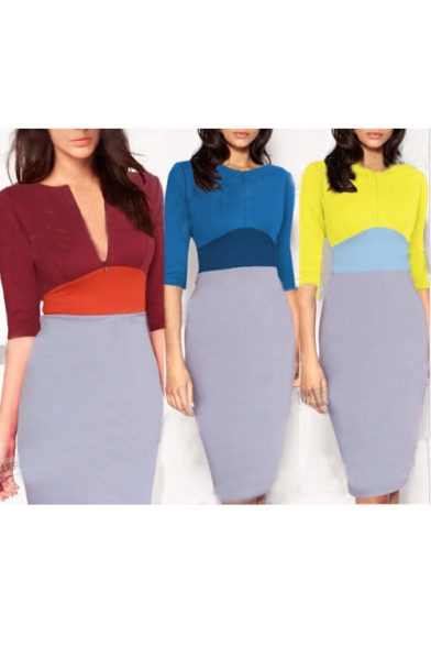 Elegant 3/4 Length Sleeve Zip-Front Color Block Bodycon Dress