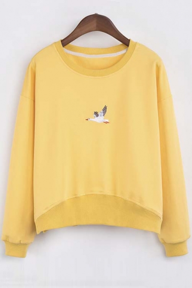 Fashion Bird Embroidery Round Neck Long Sleeve Sweatshirt