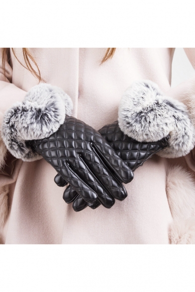 Fashion Fur Trim Rhombus Sewing Leather Gloves