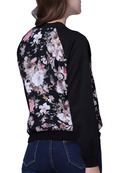 Floral Print Zipper Placket Collarless Baseball Jacket with Long Sleeve