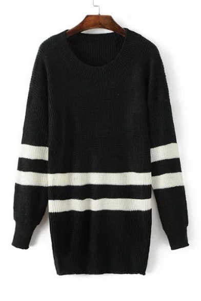 Round Neck Black White Stripe Color Block Pullover Sweater
