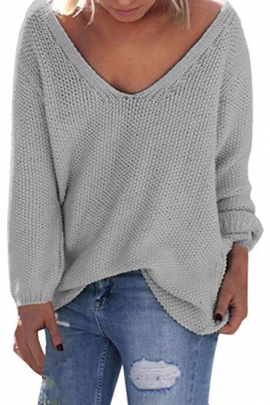 Women's V Neck Solid Color Loose Pullover Thin Sweater