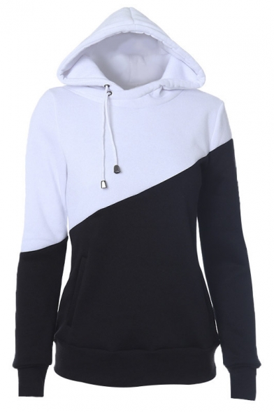 Color Block Drawstring Hooded Pockets Front Women Hoodie