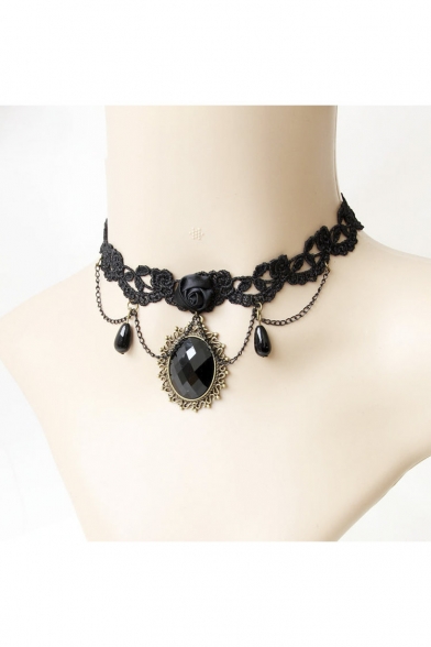 Creative Lace Chain Black Crystal Pendant Necklace