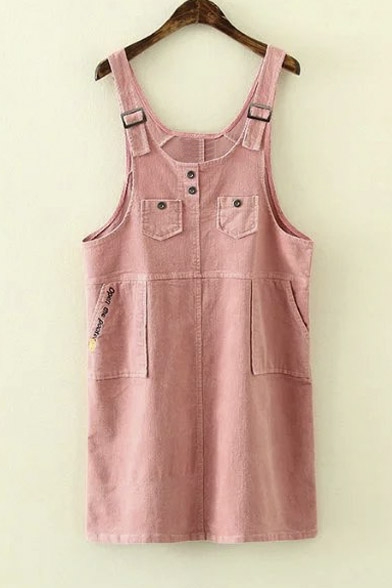 Cute Plain Embroidery Letter Back Pocket Midi Overall Dress