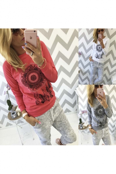 Fashion Floral Feather Print Round Neck Long Sleeve T-Shirt