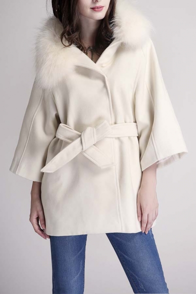 Fashion Loose Fur Hooded Open-Front Belt Waist 3/4 Length Sleeve Coat