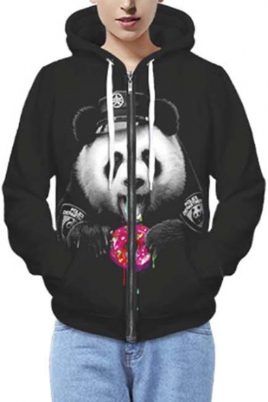 Fashion Unisex Panda Print Hooded Zipper Placket Zip Up Hoodie