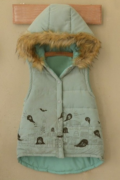 Fur Hem Hooded Sleeveless Single Breasted Number House Print High and Low Vest