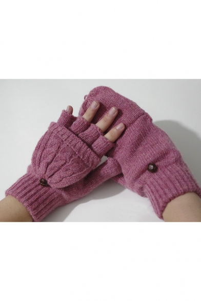 Half Finger Cable Knit Fashion Wool Gloves with Buttons