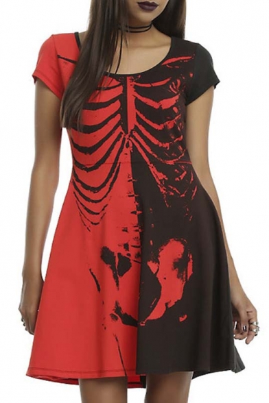 Halloween Skeleton Print Color Block Round Neck Short Sleeve A-line Dress