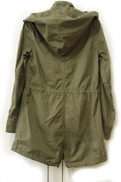 Leisure Girl Army Green Military Parka Button Trench Hooded Coat Jacket