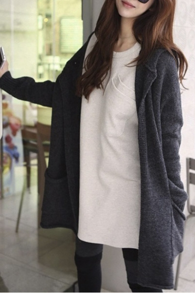 Loose Plain Hooded Long Sleeve Open-Front Cardigan