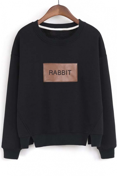 New Arrival RABBIT Letter Slit Hem Detail Round Neck Long Sleeve Sweatshirt