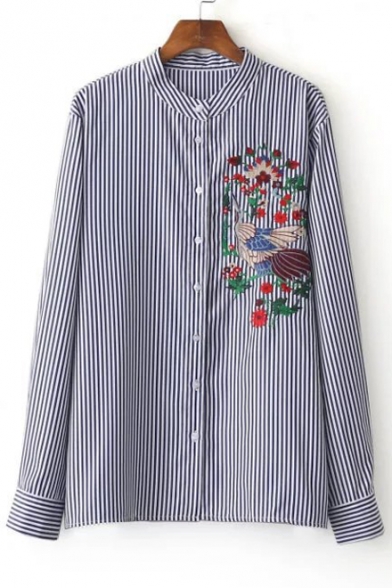 Stand-Up Collar Floral Birds Embroidery Stripe Print Shirt