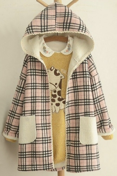Sweaty Plaid Contrast Pockets Hooded Lace Trim Single Breasted Coat