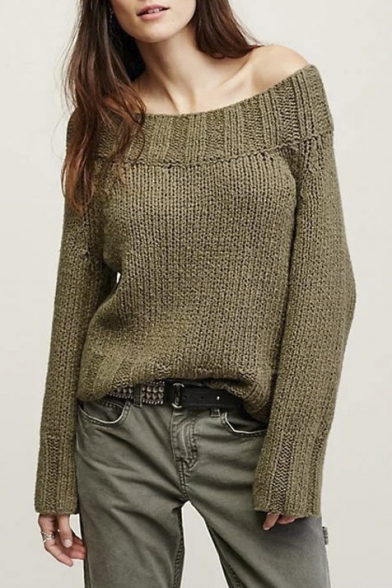 Women's off Shoulder Long Sleeve Loose Knitted Sweater