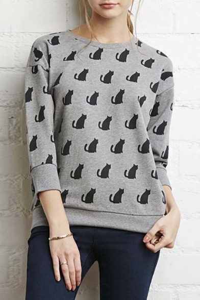 Cartoon Black Cat Print Round Neck 3/4 Sleeve Pullover Sweatshirt