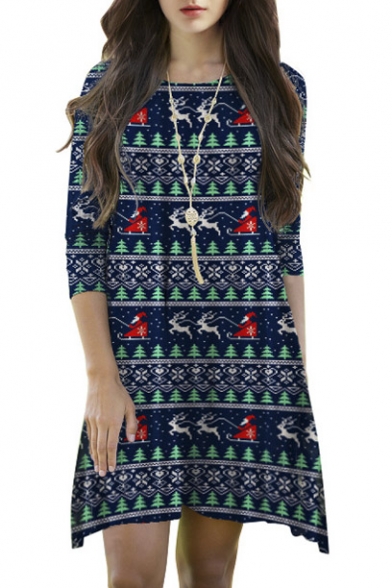 Christmas Party Dress Printed 3/4 Sleeve Round Neck Dress