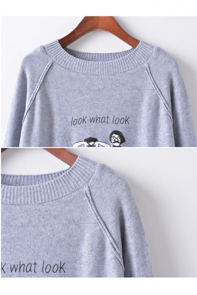 Funny Look What Look Cartoon Character Print Round Neck Long Sleeve Sweater