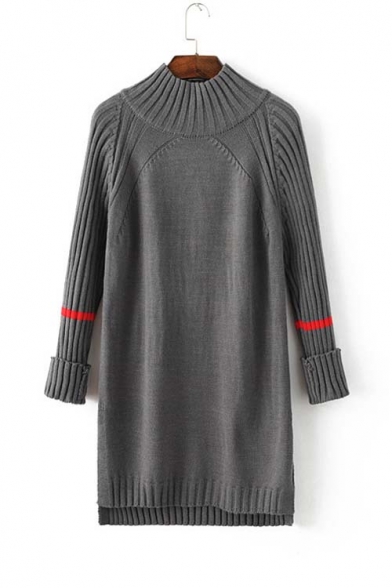 Half High Neck One Red Stripe in Long Raglan Sleeve High and Low Split Hem Maxi Sweater