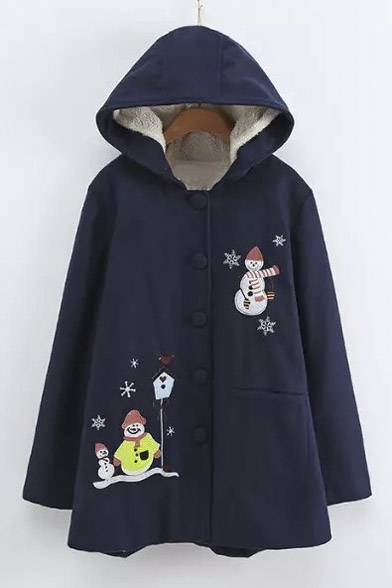 Hooded Single Breasted Embroidery Snowmen Pattern Tunic Coat with One Pocket