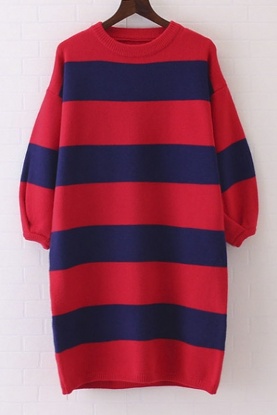 Loose Stripe Print Puff Sleeve Round Neck Women's Sweater Dress