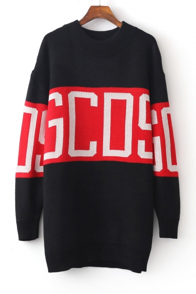 Round Neck Letter Print Contrast Pullover Sweater