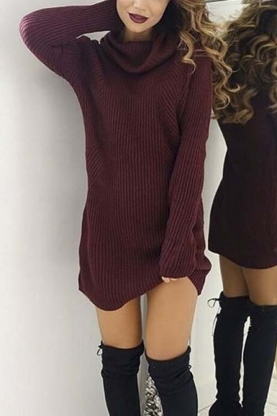 Sexy Plain High Neck Long Sleeve Mini Bodycon Knitted Dress