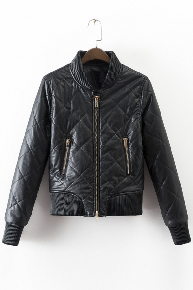 Stylish Quilted Diamond Black PU Leather Motorcycle Style Jacket