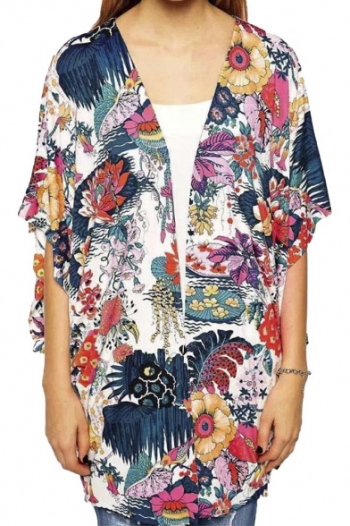 Vintage Women Girls Floral Print Long Loose Kimono Jacket Coat Cardigan Blouses