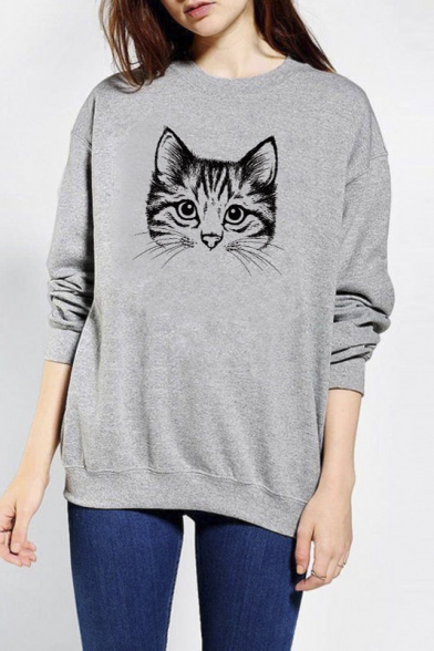 Cute Cat Print Long Sleeve Loose Pullover Casual Women's Sweatshirt