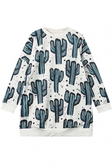 Fashion Cactus Printed Round Neck Pullover Sweatshirt