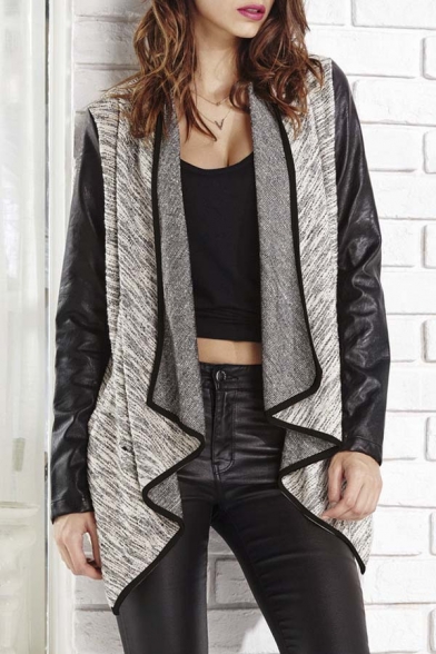Fashion Contrast Leather Long Sleeve Cocoon Plain Knitted Coat