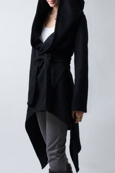 Fashion Hooded Belt Waist Asymmetric Hem Long Sleeve Tunic Coat