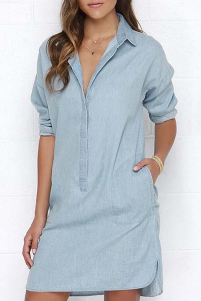 New Stylish Lapel Denim Single Breasted Shirt Dress with Long Sleeve