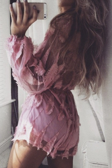 Sexy Deep V-neck Feather Detail See Through Long Sleeve Romper