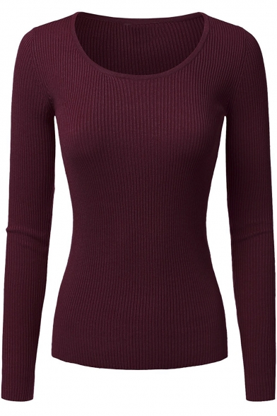 Womens Long Sleeve Deep V-Neck & Round Neck Ribbed Knit Sweater