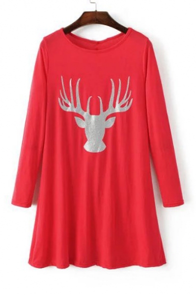 Fawn Print Chest Long Sleeve Pullover Dress