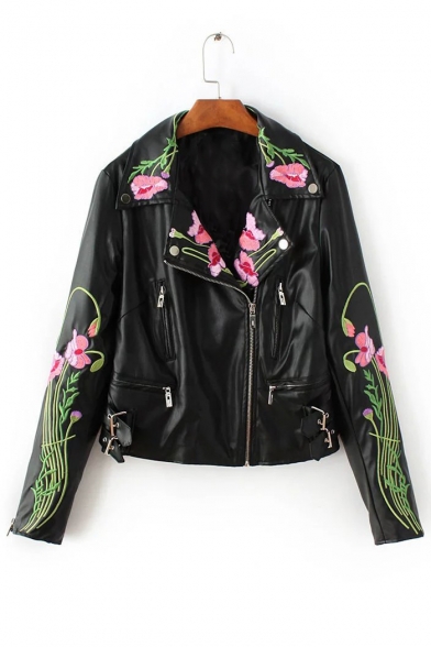 Stylish Floral Embroidery Notched Lapel Zip Up Leather Jacket