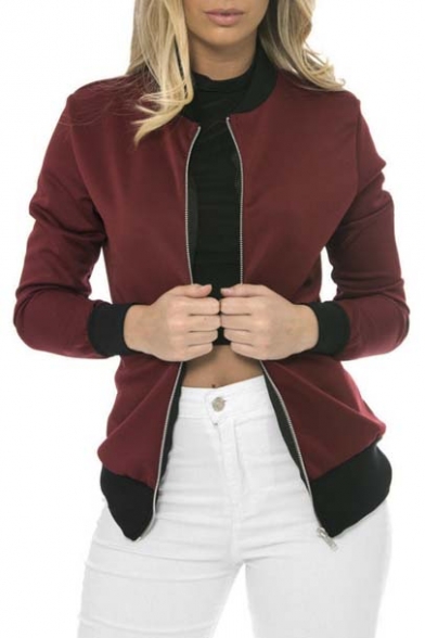 Fashion Simple Contrast Trim Zipper Placket Bomber Jacket