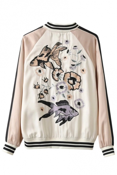 Fish Embroidery Back Color Block Stripe Trim Stand-up Collar Baseball Jacket