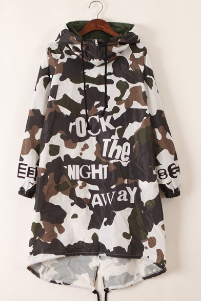 Hooded Casual High Low Hem Camouflage Print Fashion Women's Coat