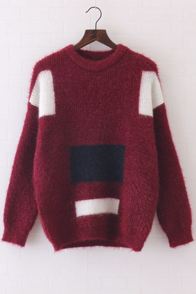 New Stylish Color Block Patchwork Knitted Long Sleeve Sweater