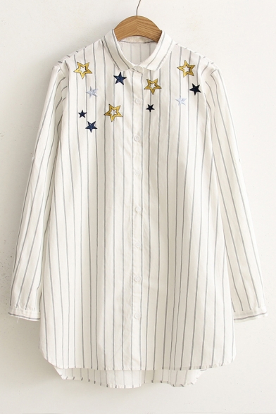 Stylish Star Embroidery Vertical Stripes Tunic Shirt