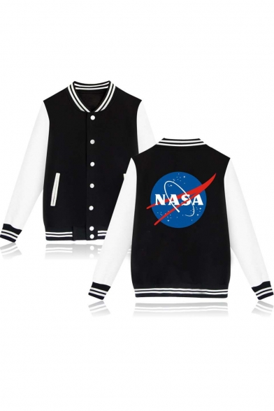 Trendy Single Breasted Contrast Long Sleeve Striped Color Block Trim NASA Print Back Baseball Jacket