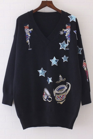 V-Neck Star Sequined Print Long Sleeve Pullover Women's Sweater