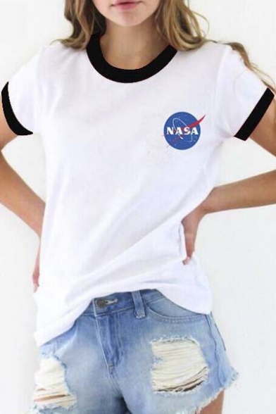 Contrast Trim NASA Logo Print Short Sleeve Tee with Round Neck