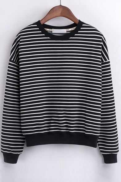 New Stylish Striped Contrast Trim Dropped Long Sleeve Pullover Sweatshirt